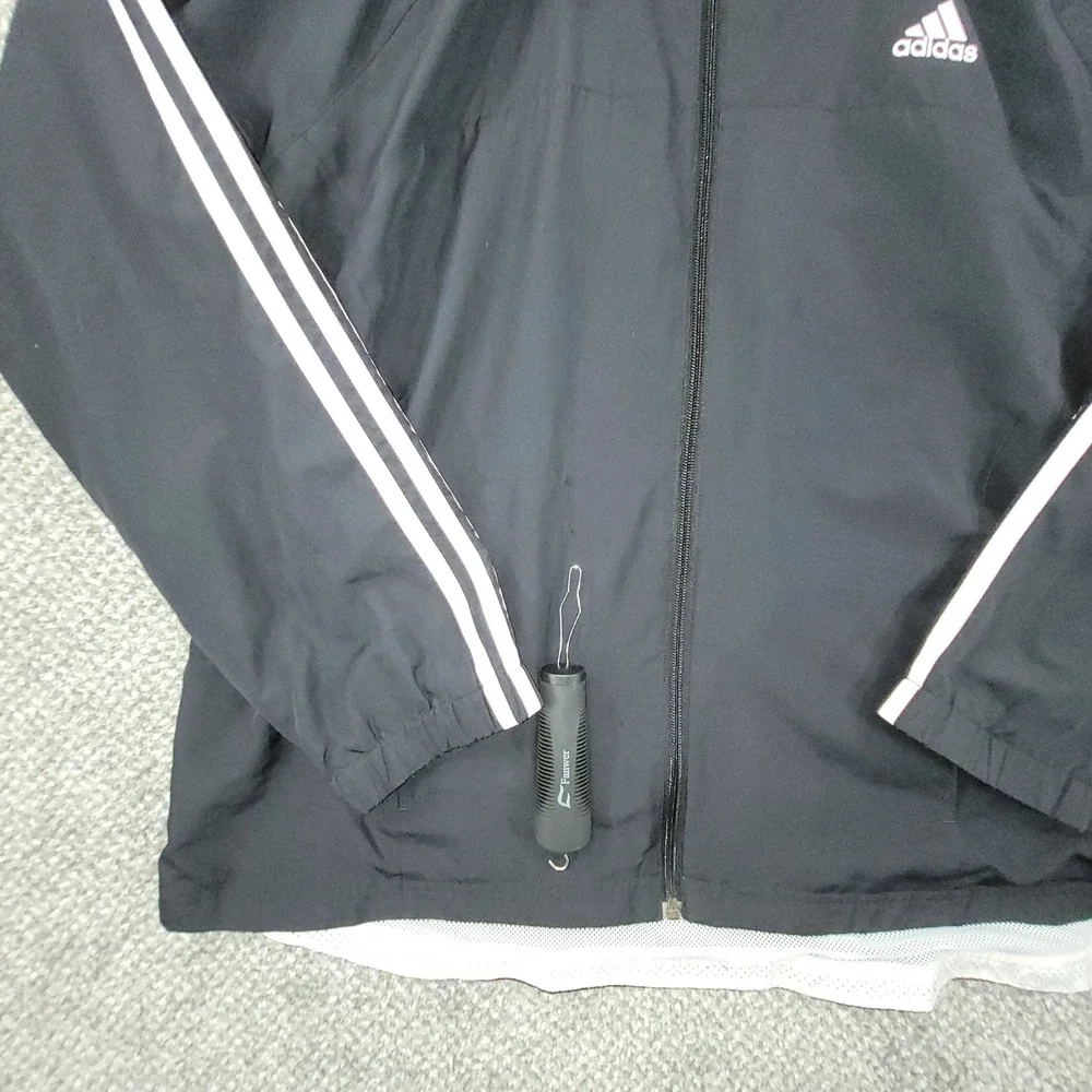 Adidas Womens 2XL Black Pink 3-Stripe Hooded Windbreaker Mesh Lined Jacket